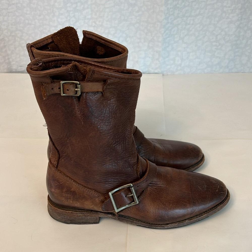 VINTAGE SHOE COMPANY WOMENS SHORT LEATHER BIKER RIDING BOOTS BROWN 7.5 - Picture 1 of 17
